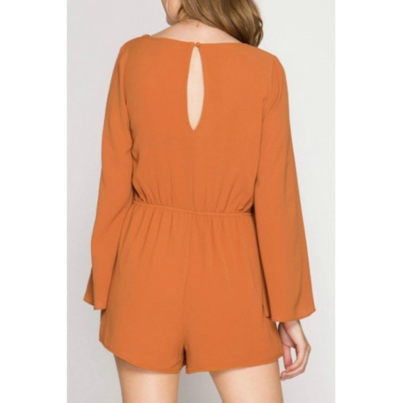 SHE + SKY Bell Flare Sleeves Burnt Orange Romper - Picture 3 of 10